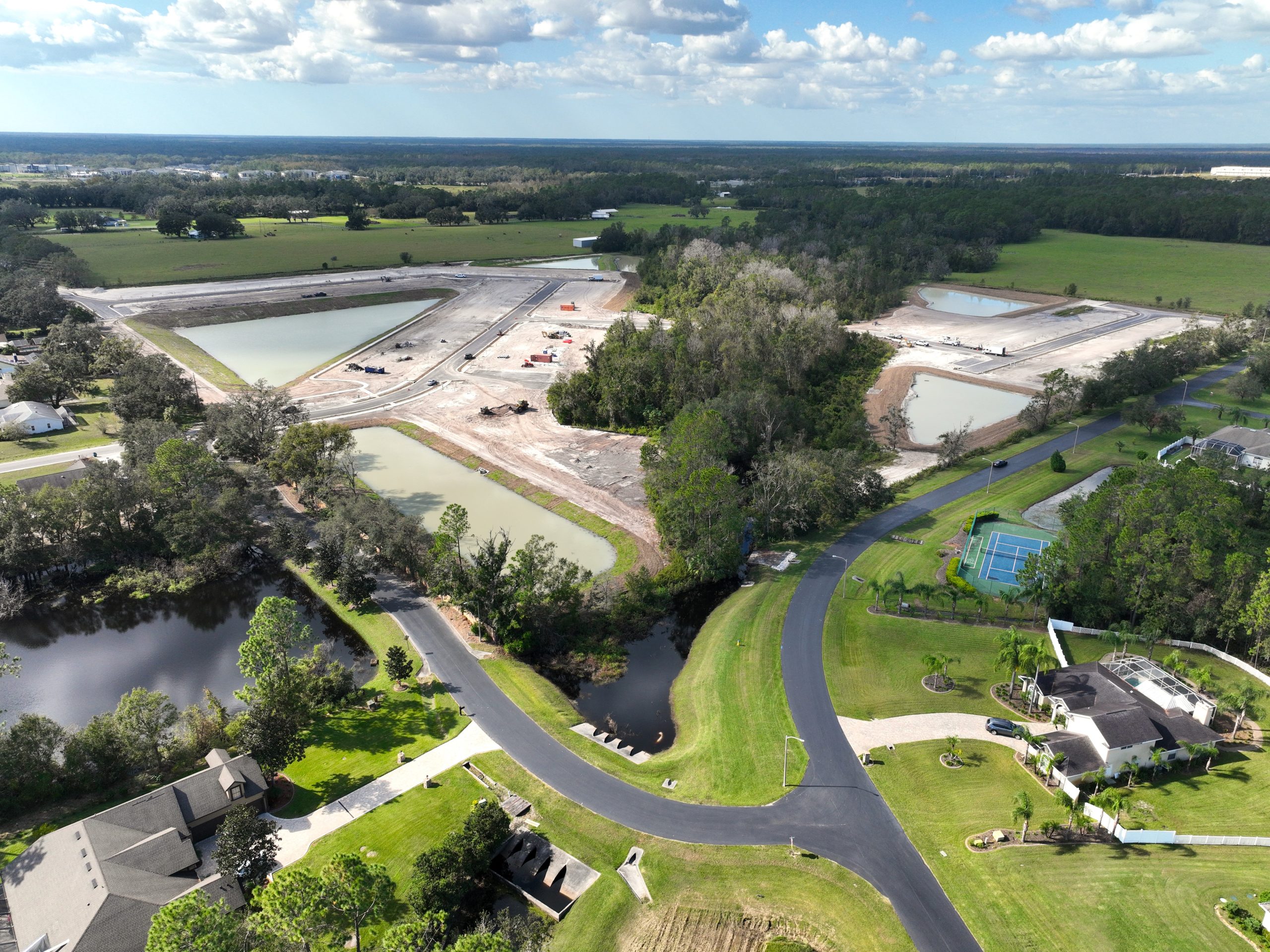 An aerial view of homes in development