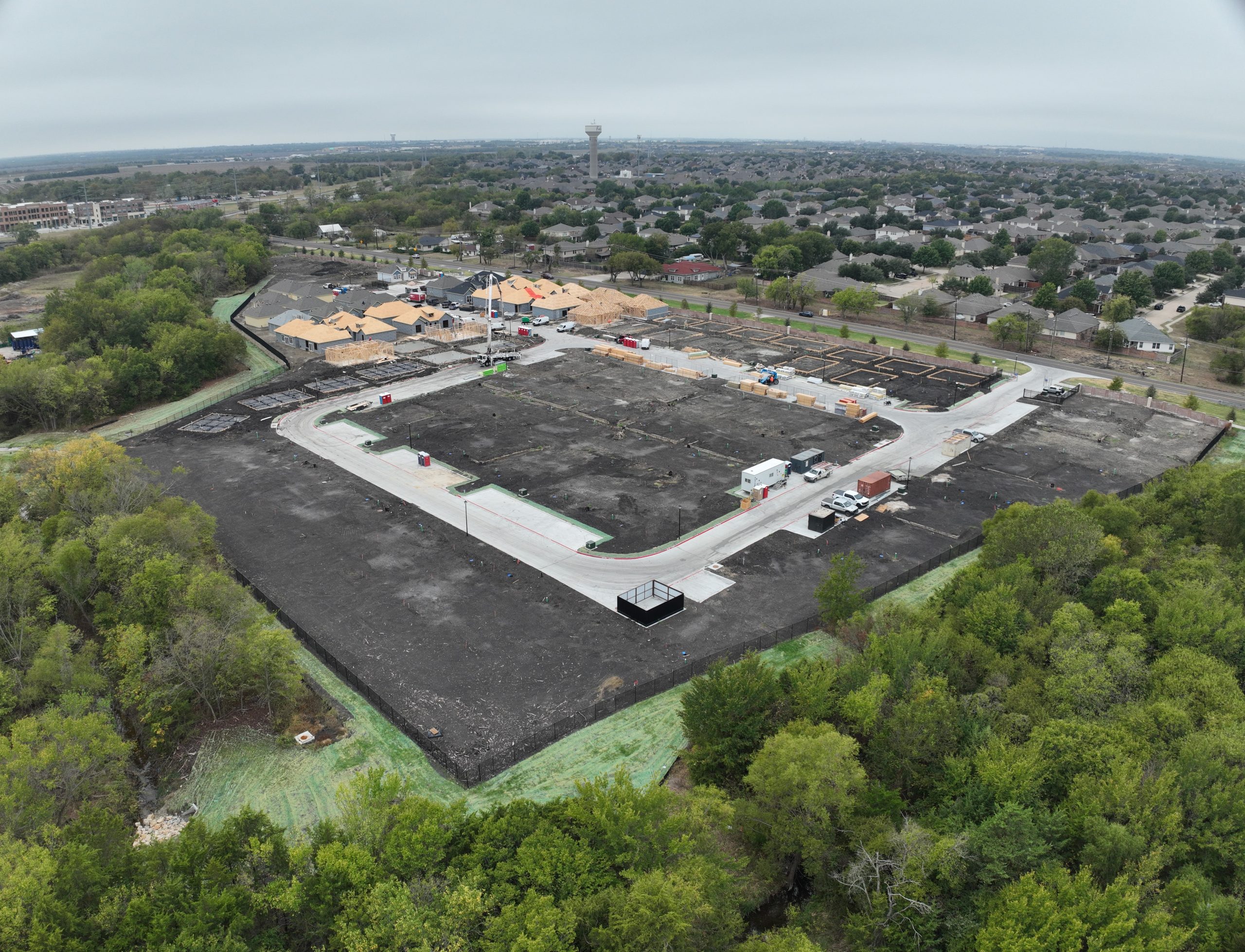 An aerial view of build-to-rent homes in development